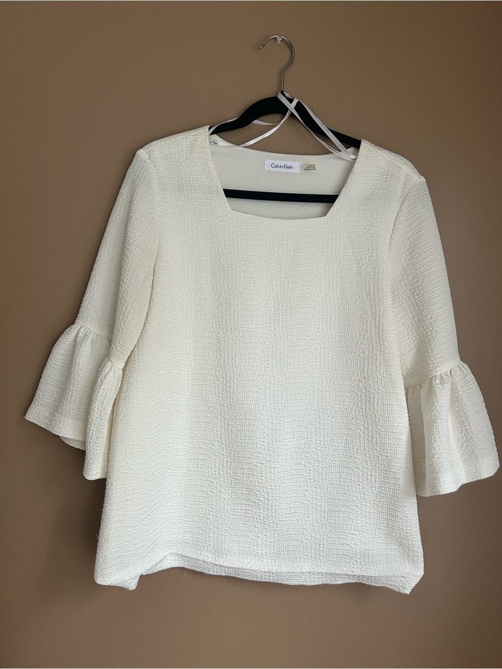 Calvin Klein Ivory Textured Square Neck Bell-Sleeve Top